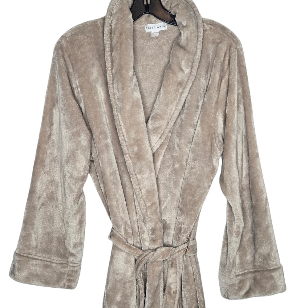 Miss Elaine Plush Fleece Bathrobe Small Beige Long Cozy Winter Robe Loungewear